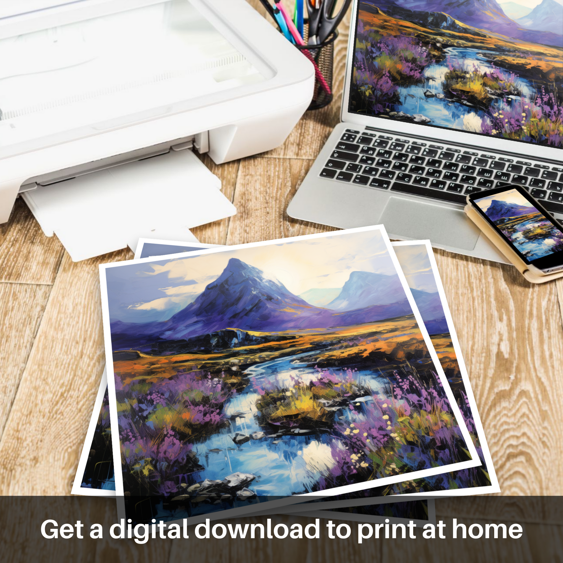 Downloadable and printable picture of Bluebells under Buachaille at dusk in Glencoe