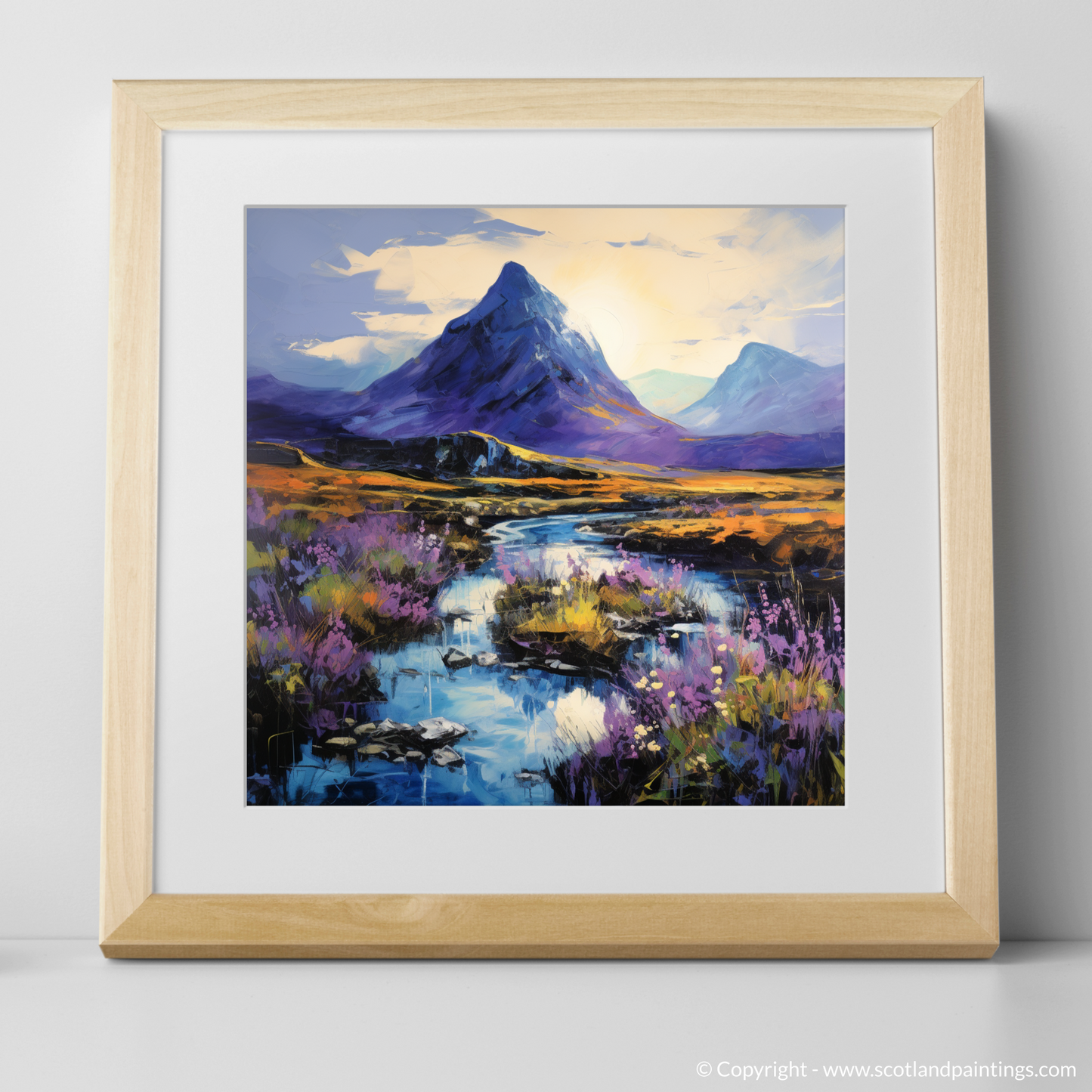 Art Print of Bluebells under Buachaille at dusk in Glencoe with a natural frame