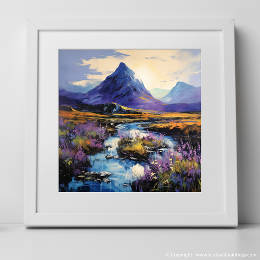 Art Print of Bluebells under Buachaille at dusk in Glencoe with a white frame