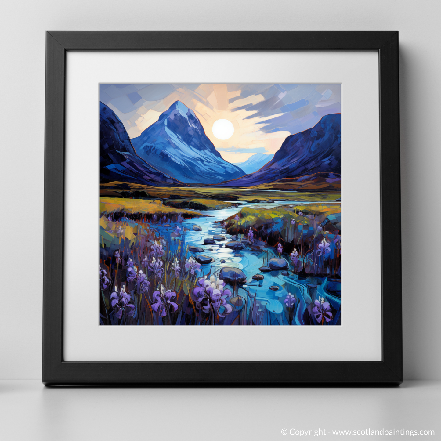 Art Print of Bluebells under Buachaille at dusk in Glencoe with a black frame