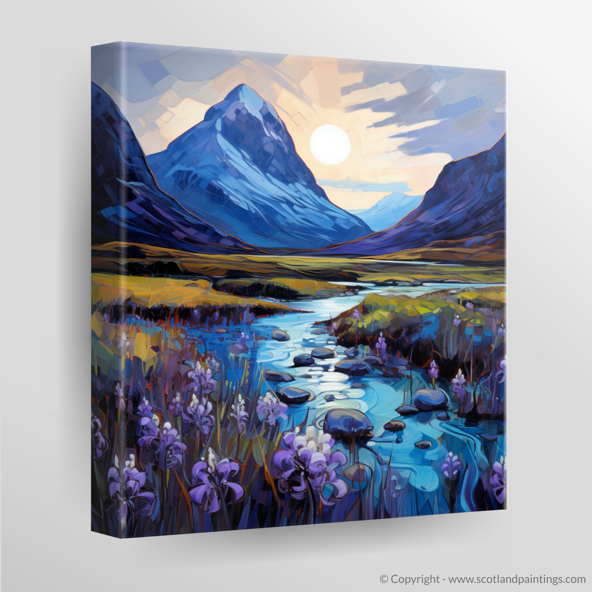 Canvas Print of Bluebells under Buachaille at dusk in Glencoe