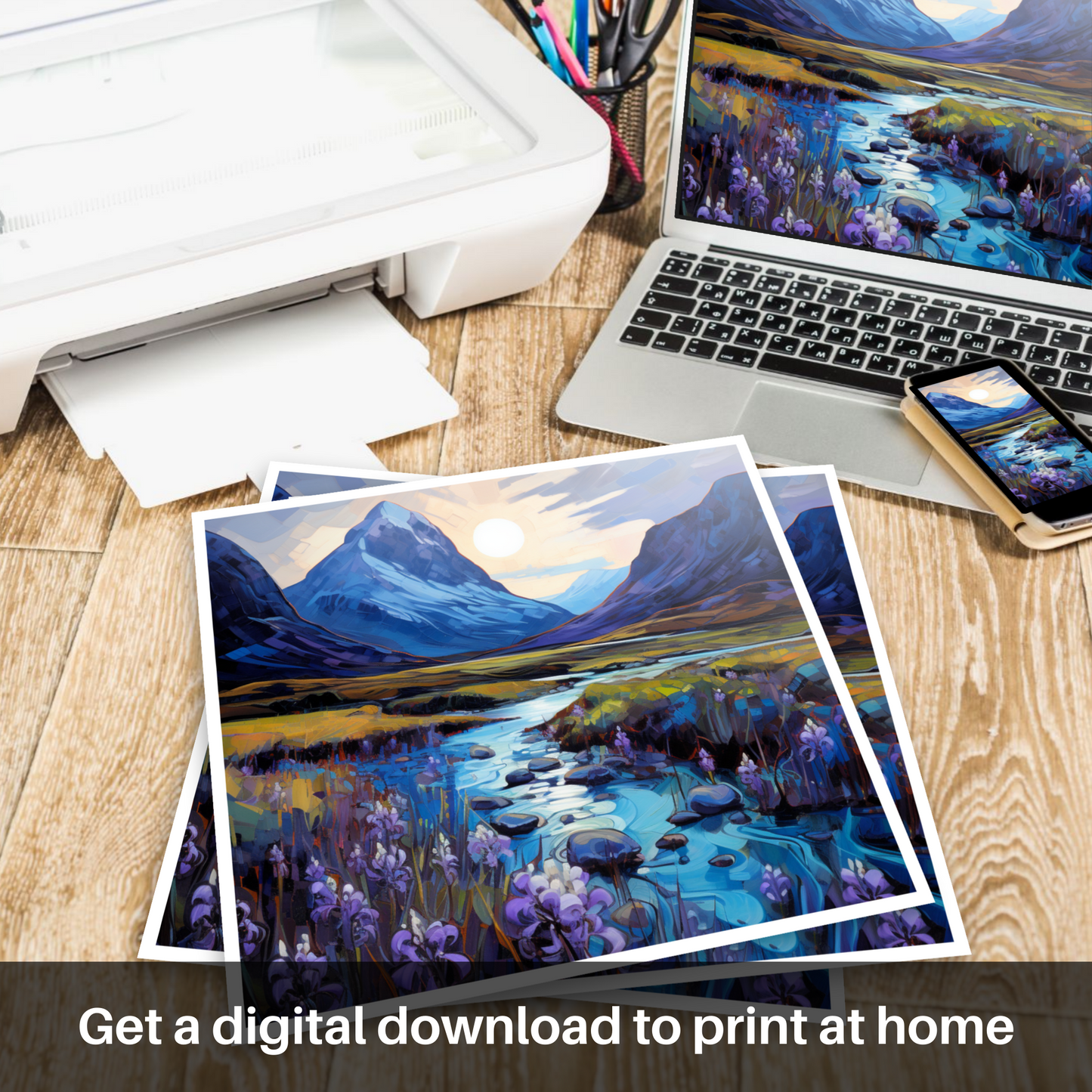 Downloadable and printable picture of Bluebells under Buachaille at dusk in Glencoe