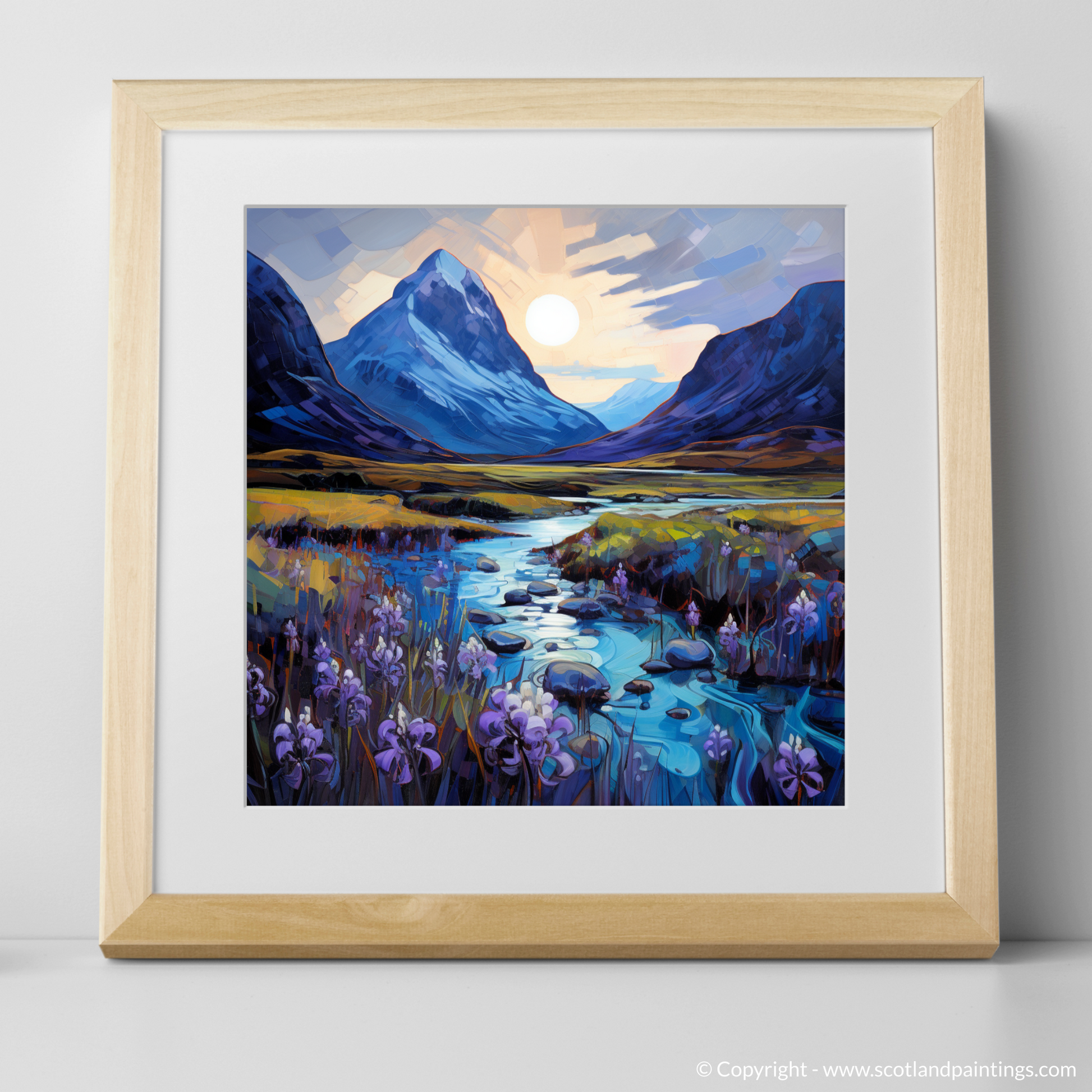 Art Print of Bluebells under Buachaille at dusk in Glencoe with a natural frame