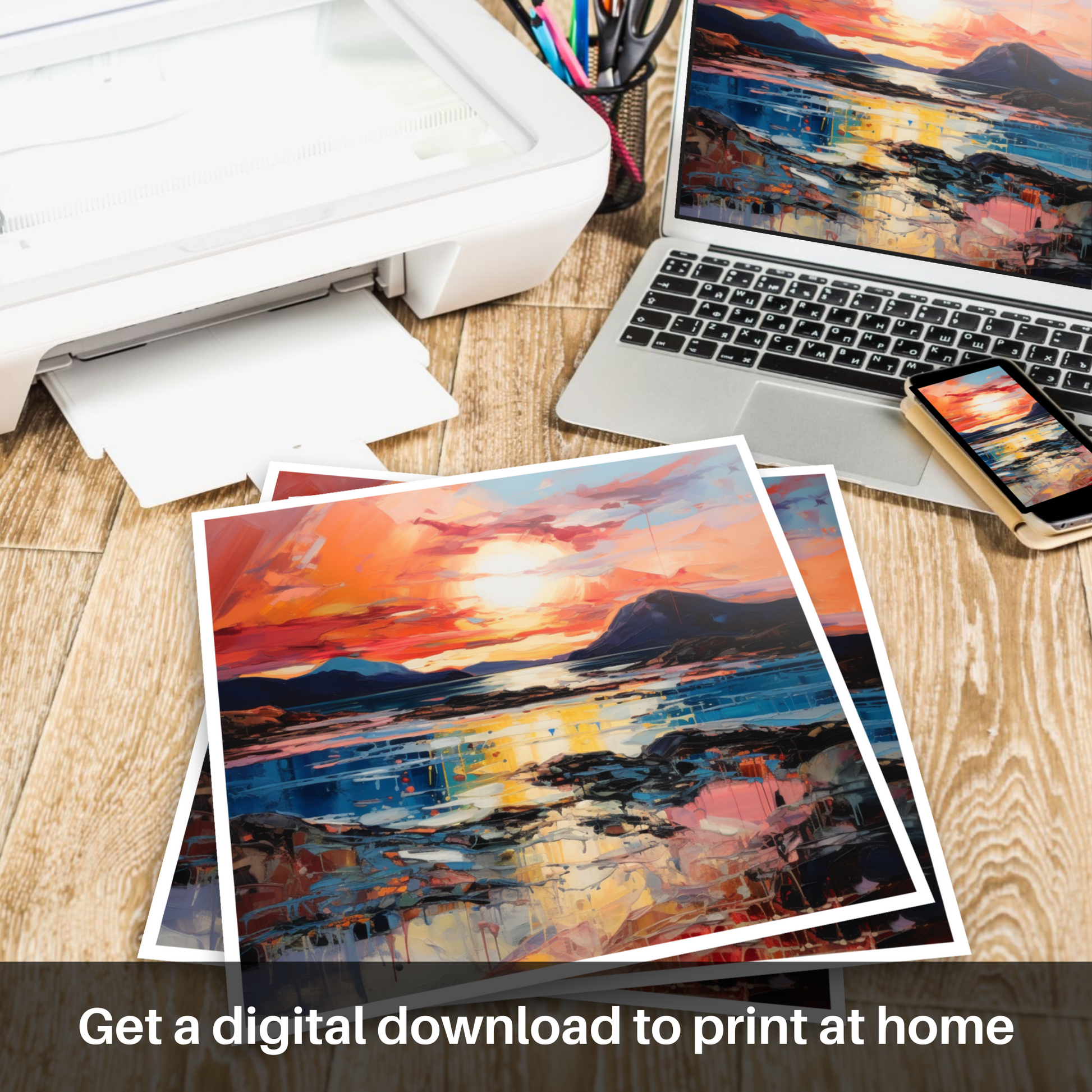 Downloadable and printable picture of Ardtun Bay at sunset