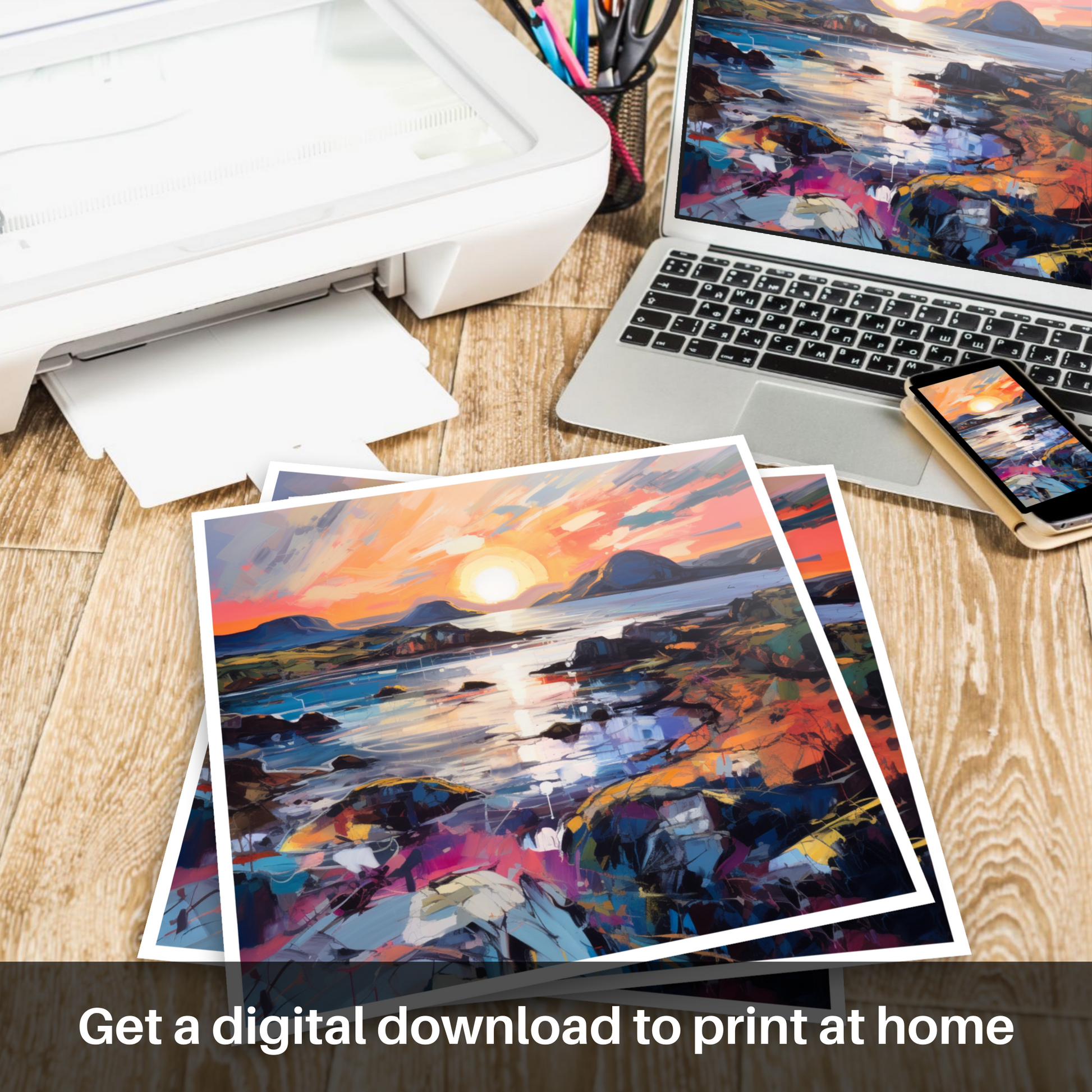 Downloadable and printable picture of Ardtun Bay at sunset