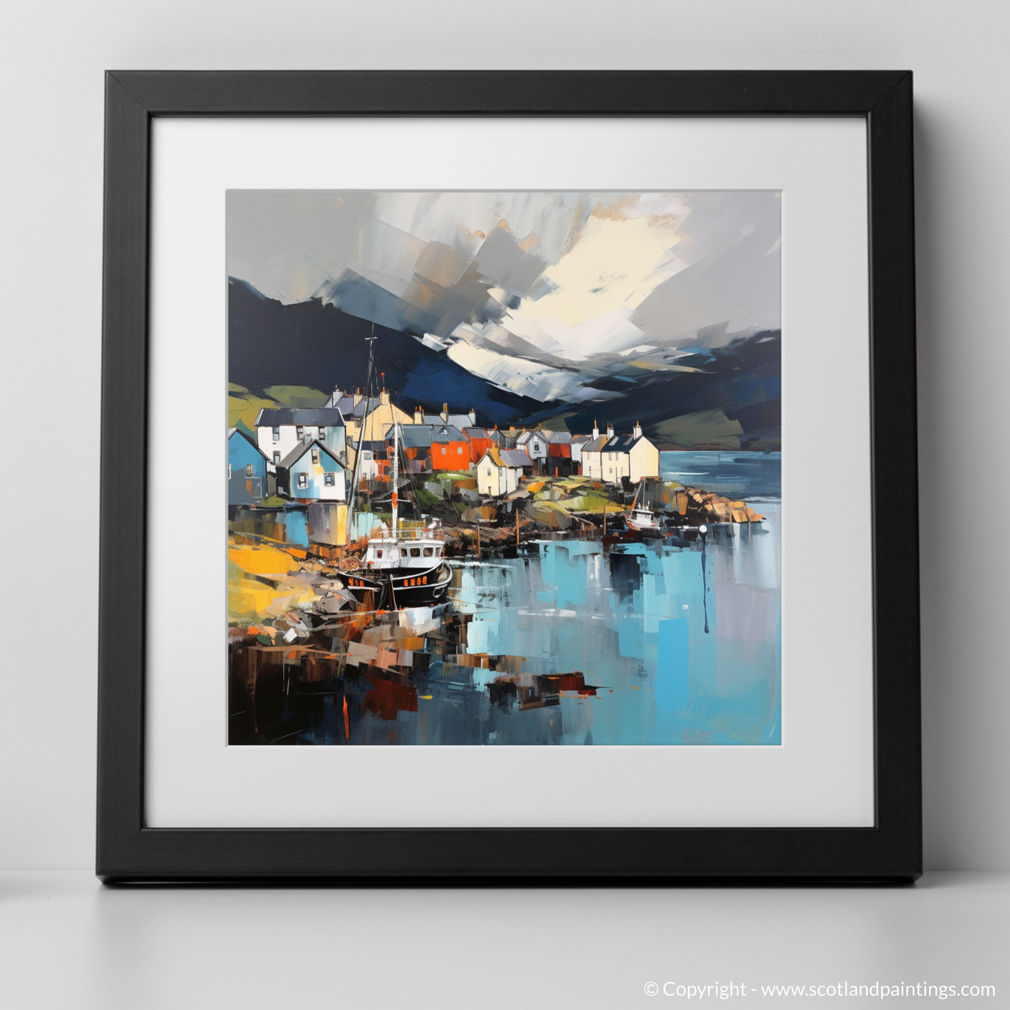 Art Print of Mallaig Harbour with a stormy sky with a black frame