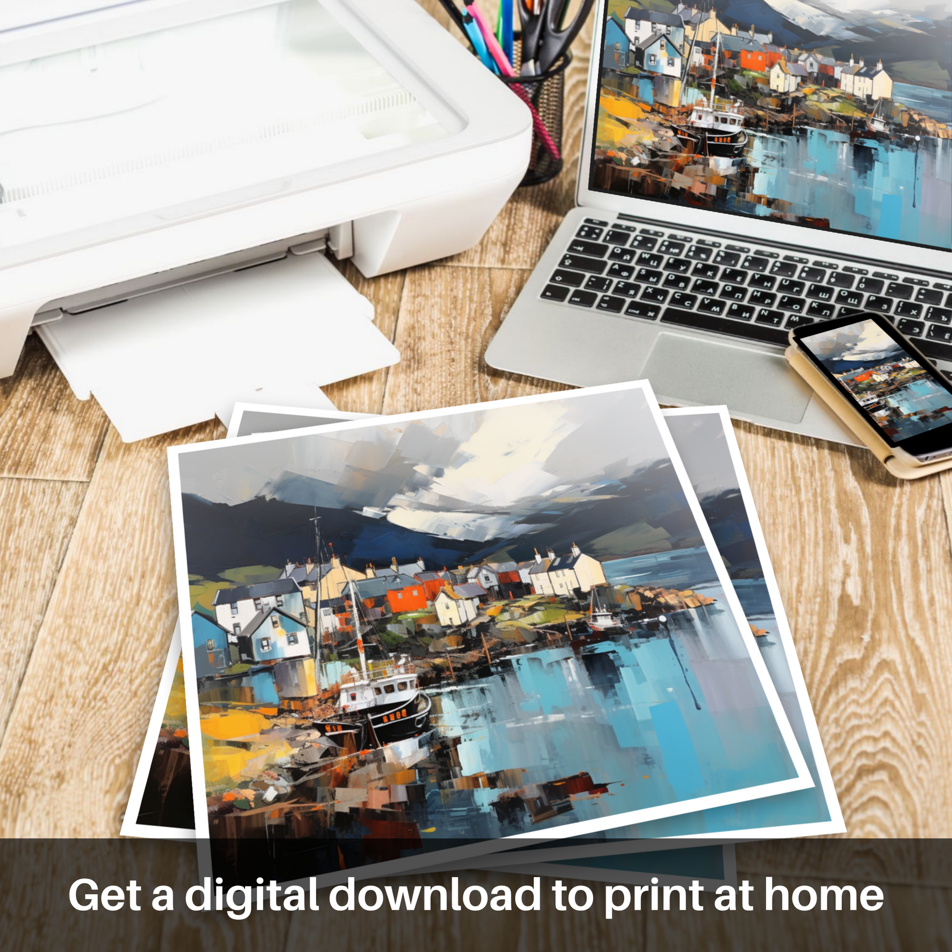 Downloadable and printable picture of Mallaig Harbour with a stormy sky