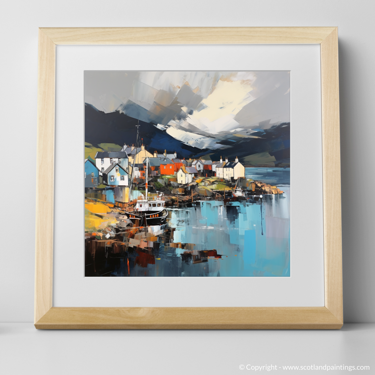 Art Print of Mallaig Harbour with a stormy sky with a natural frame