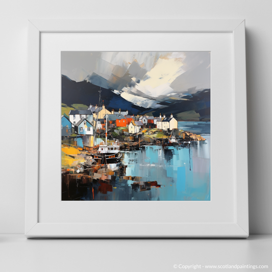 Art Print of Mallaig Harbour with a stormy sky with a white frame