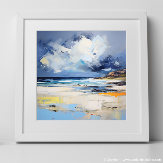 Art Print of Scarista Beach with a stormy sky with a white frame