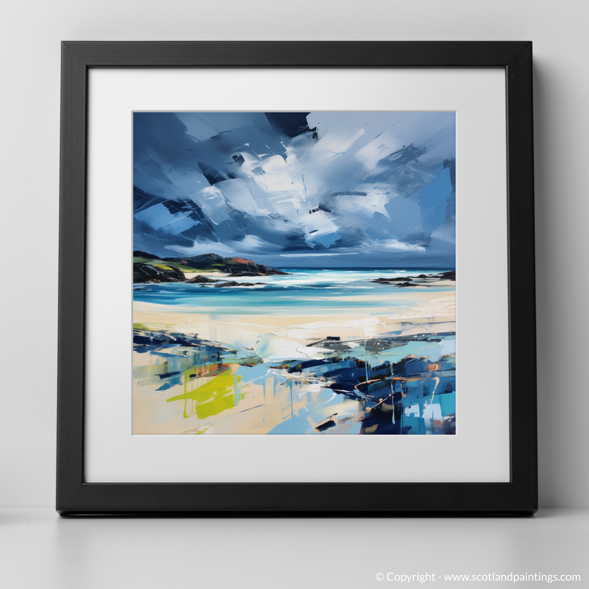 Art Print of Scarista Beach with a stormy sky with a black frame