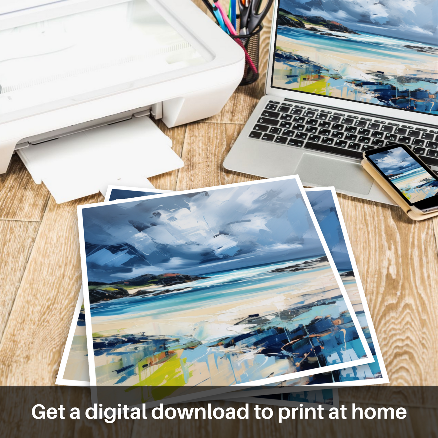 Downloadable and printable picture of Scarista Beach with a stormy sky