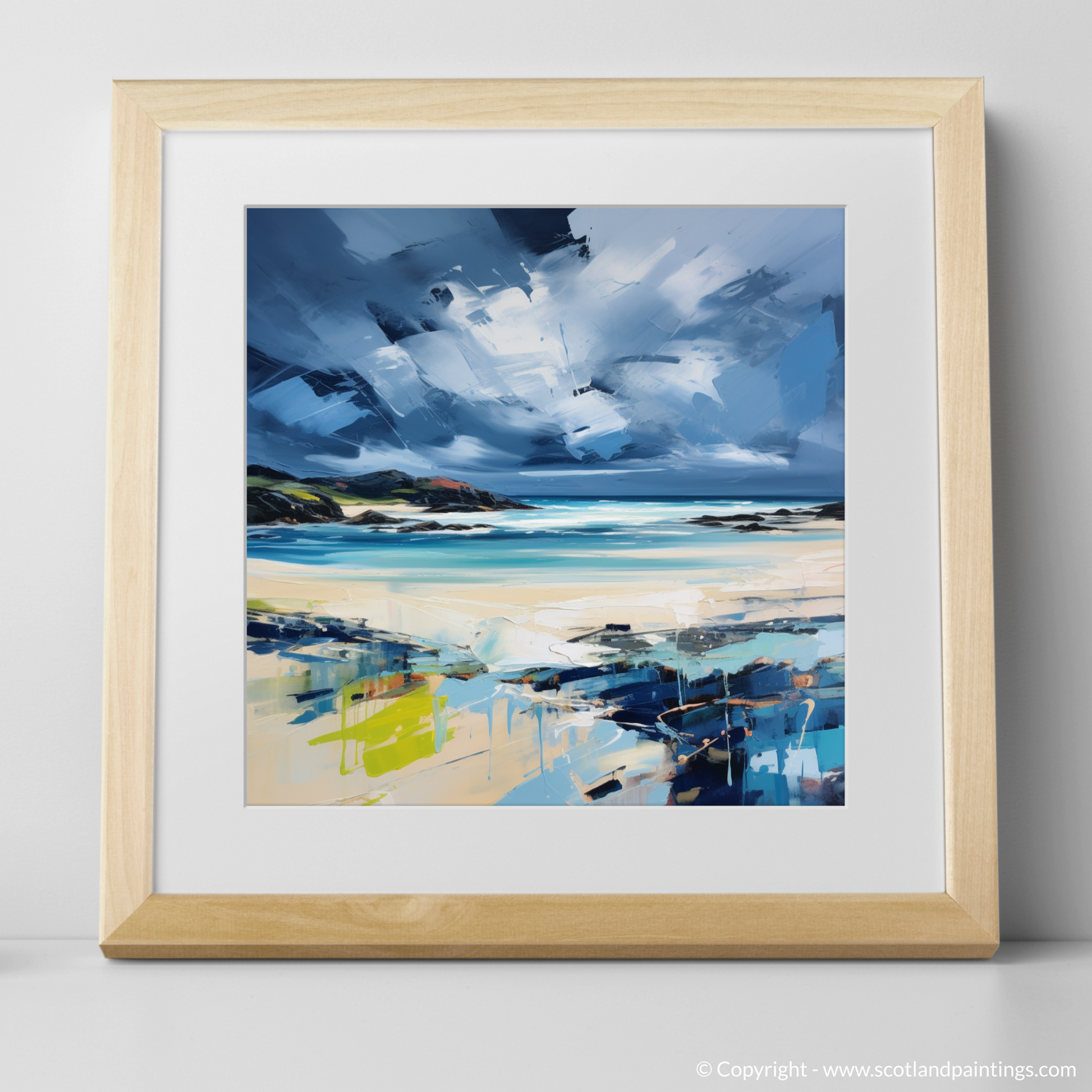 Art Print of Scarista Beach with a stormy sky with a natural frame