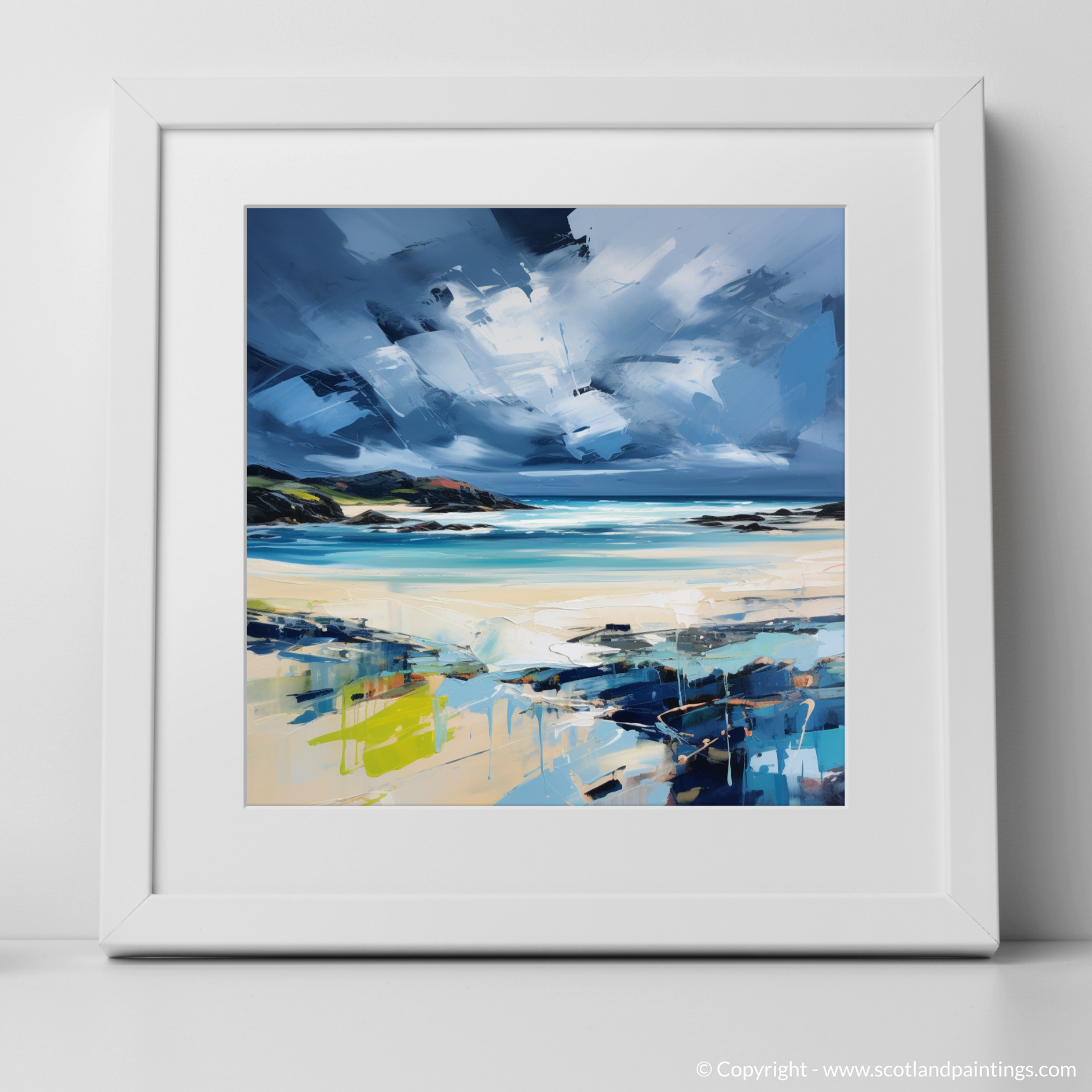 Art Print of Scarista Beach with a stormy sky with a white frame