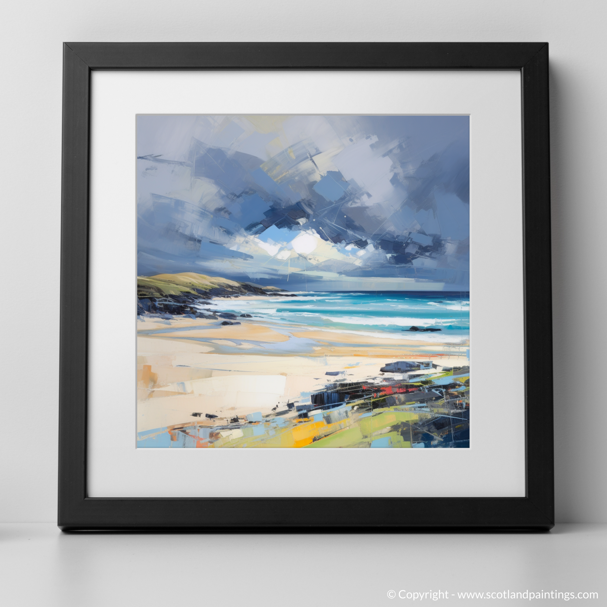 Art Print of Scarista Beach with a stormy sky with a black frame