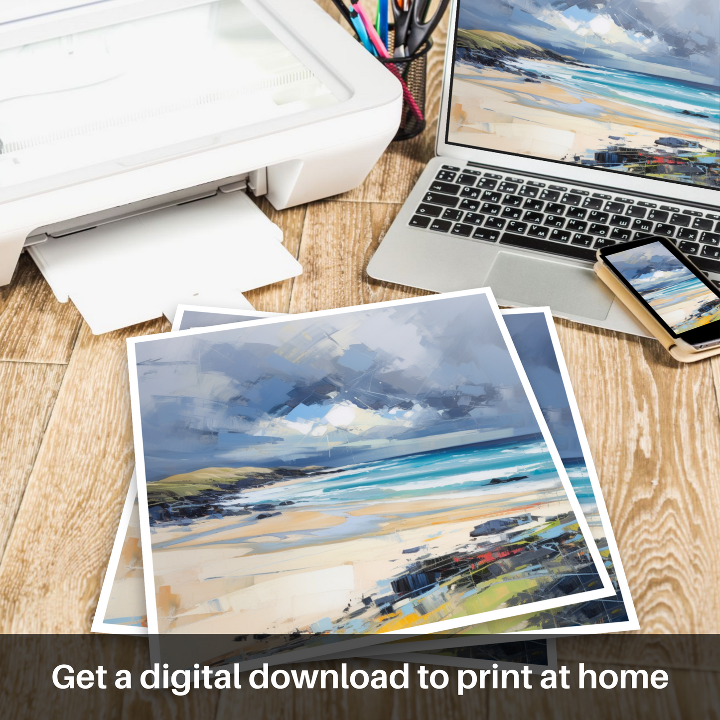 Downloadable and printable picture of Scarista Beach with a stormy sky