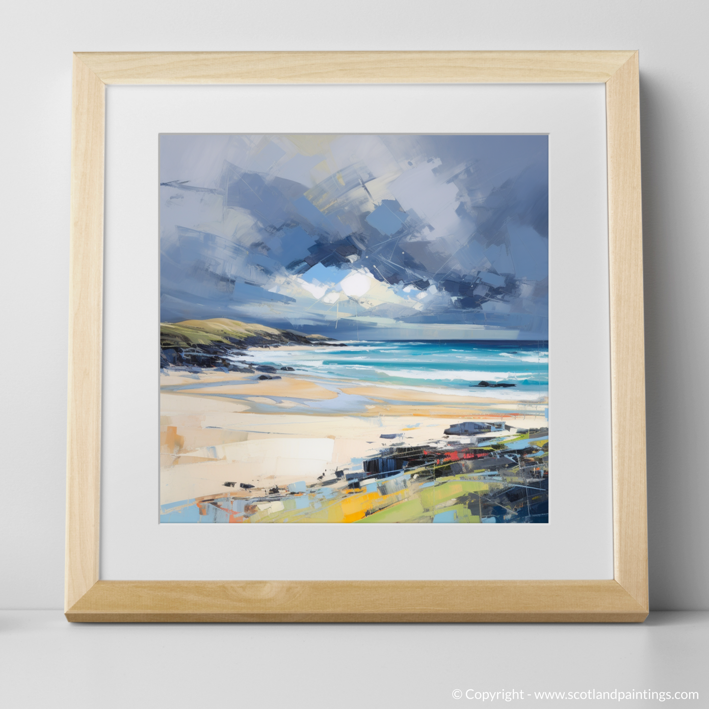 Art Print of Scarista Beach with a stormy sky with a natural frame