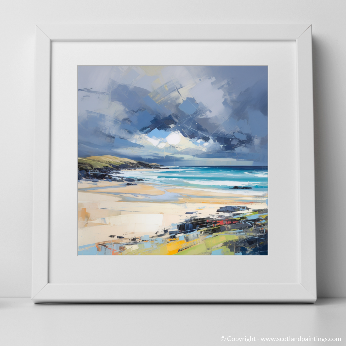 Art Print of Scarista Beach with a stormy sky with a white frame