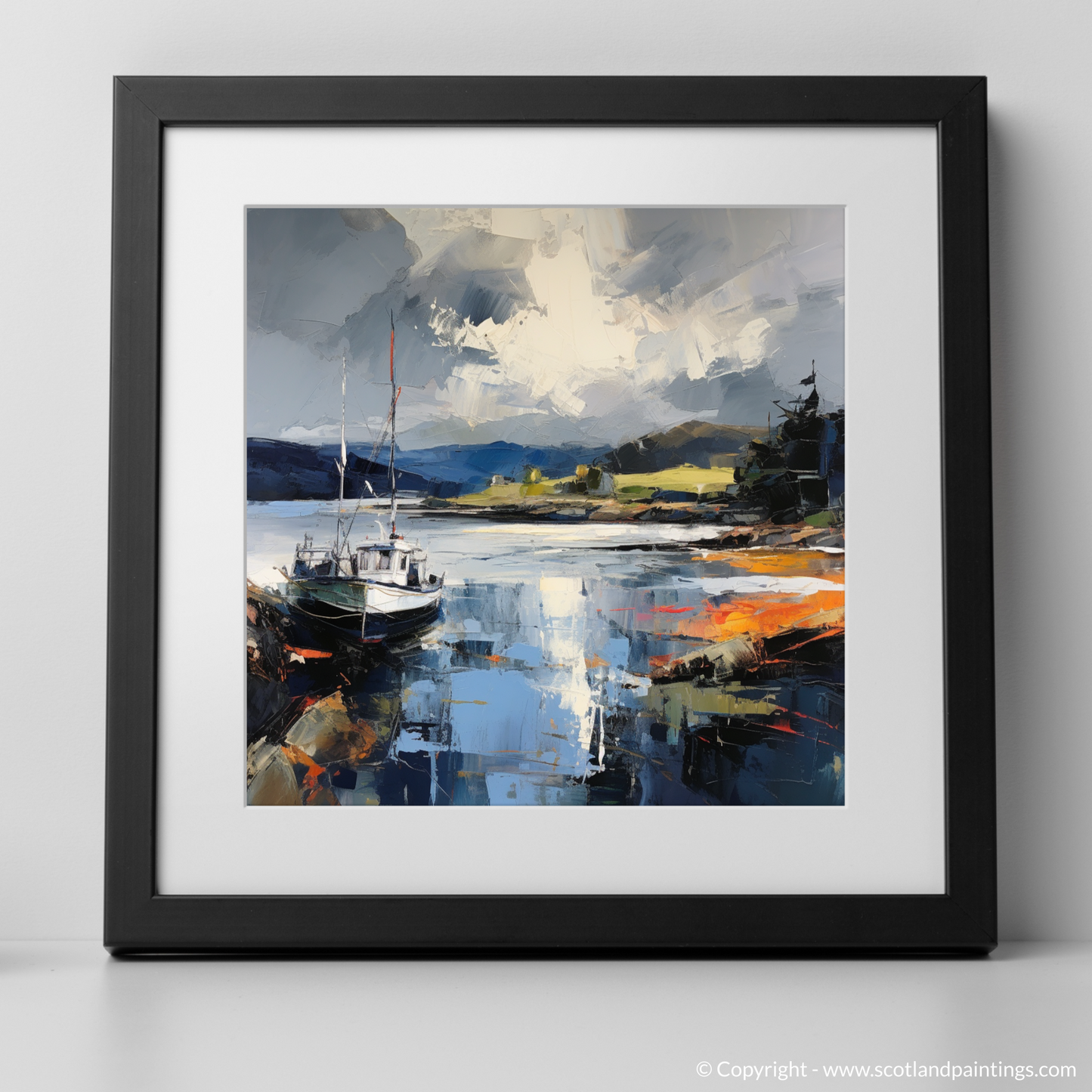 Art Print of Tayvallich Harbour with a stormy sky with a black frame