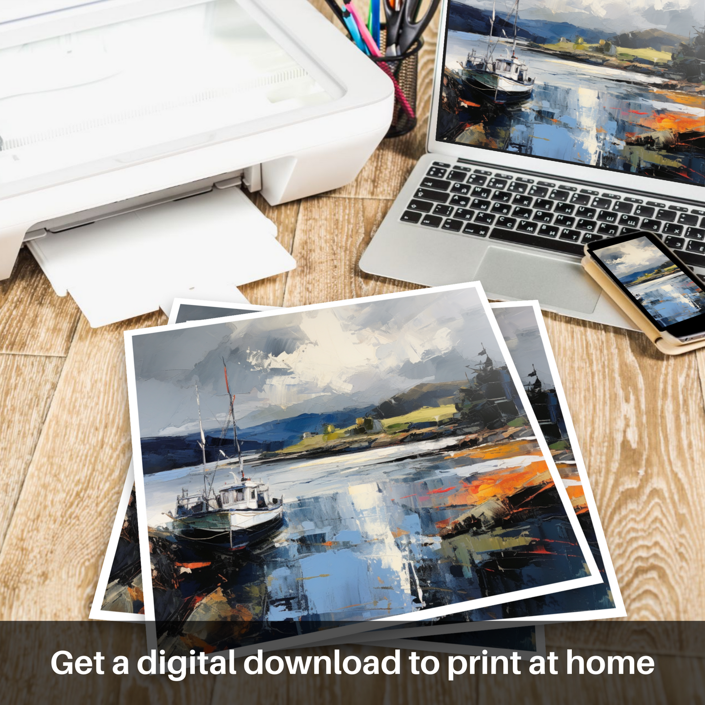 Downloadable and printable picture of Tayvallich Harbour with a stormy sky