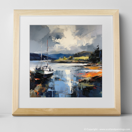 Art Print of Tayvallich Harbour with a stormy sky with a natural frame