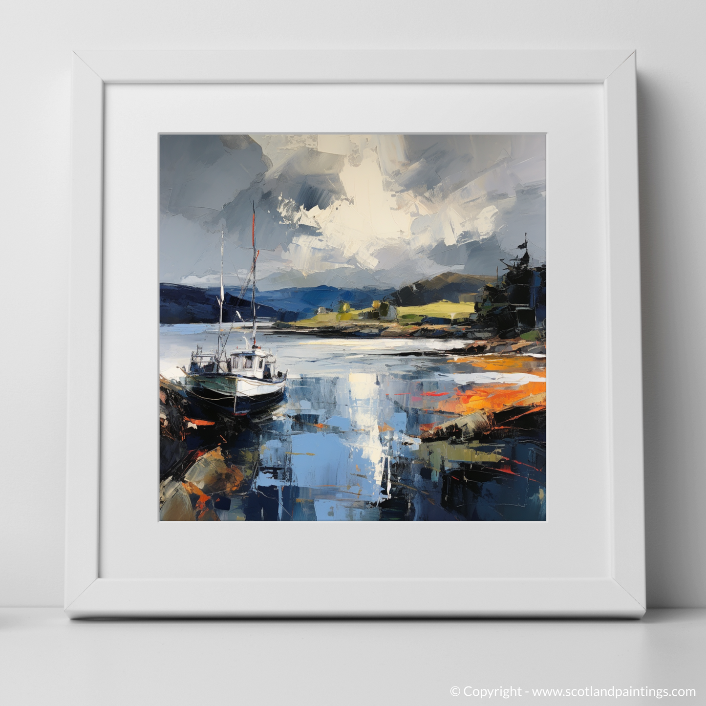Art Print of Tayvallich Harbour with a stormy sky with a white frame