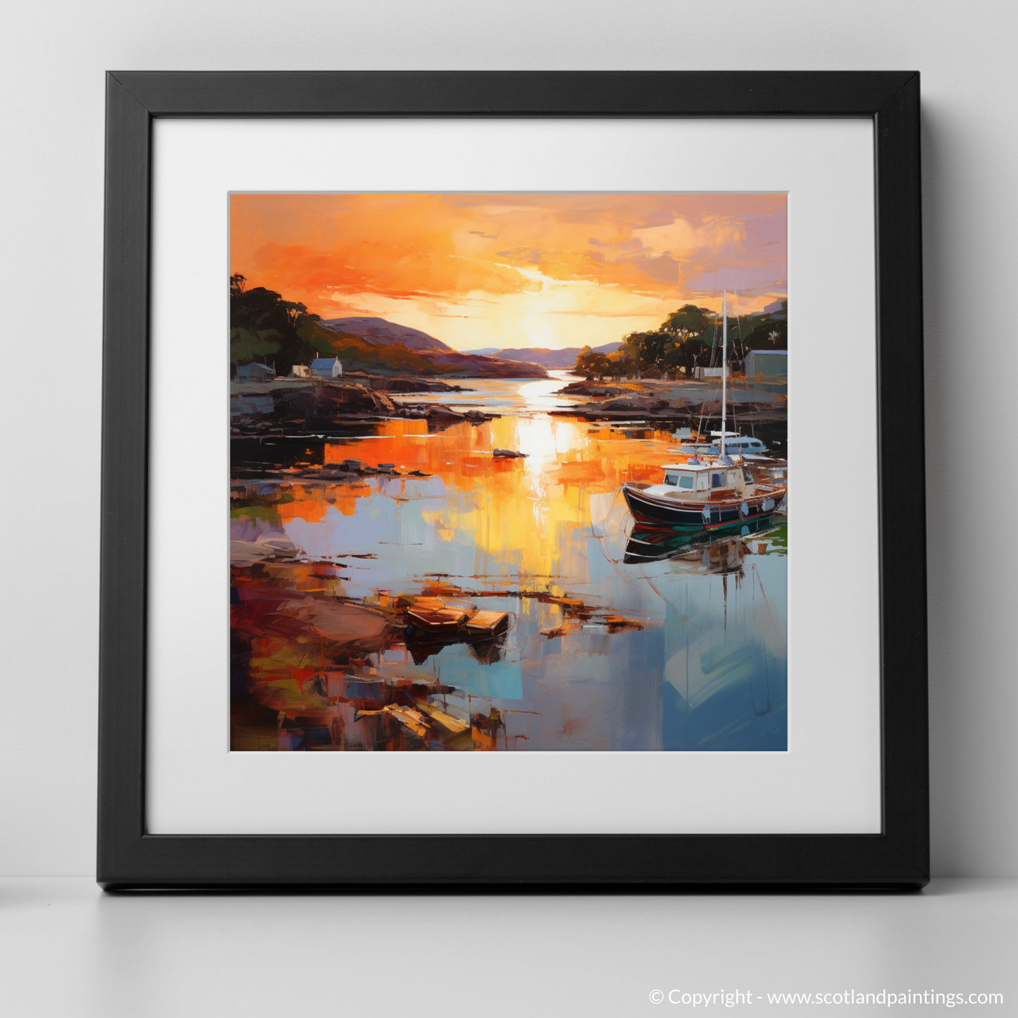 Art Print of Isleornsay Harbour at sunset with a black frame