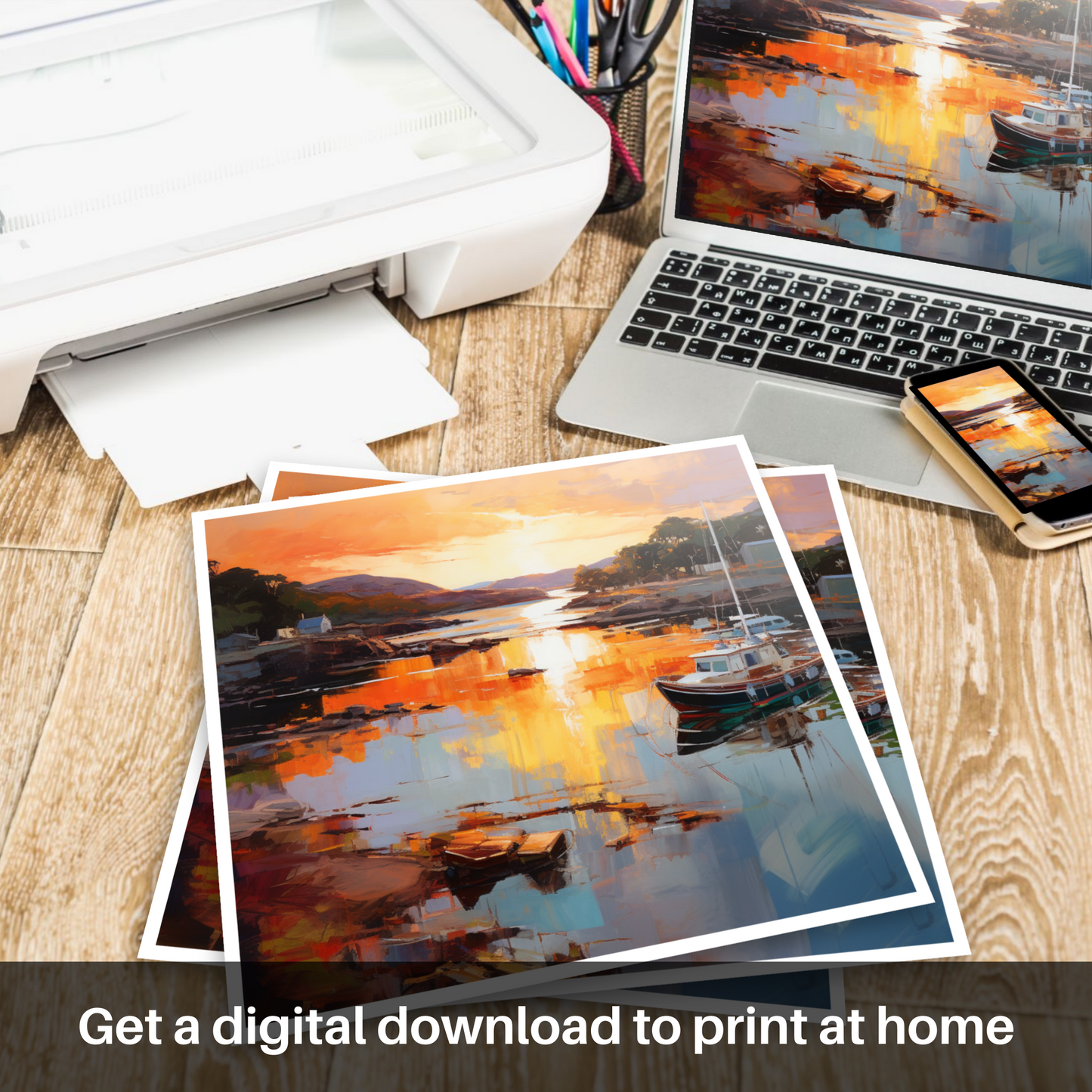 Downloadable and printable picture of Isleornsay Harbour at sunset