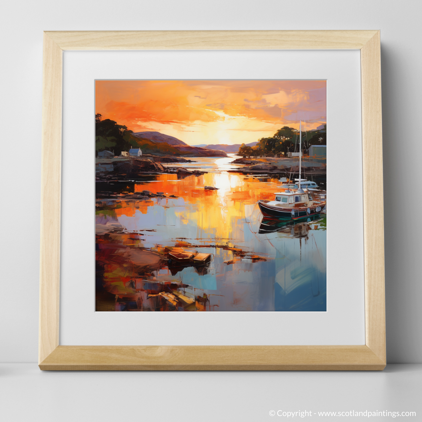 Art Print of Isleornsay Harbour at sunset with a natural frame