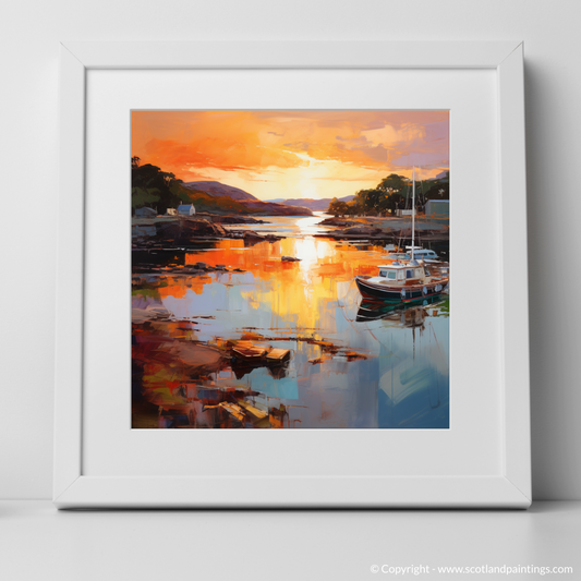 Art Print of Isleornsay Harbour at sunset with a white frame