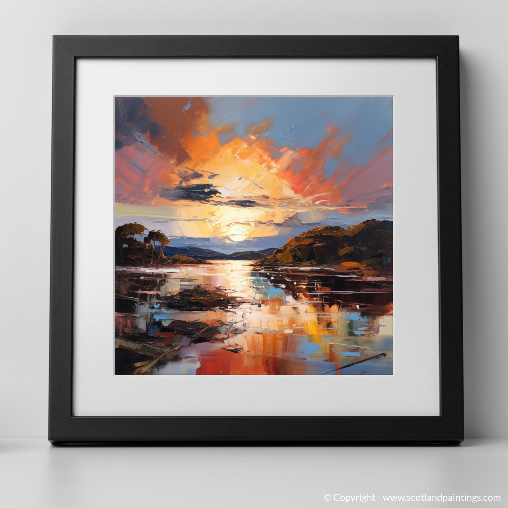 Art Print of Isleornsay Harbour at sunset with a black frame