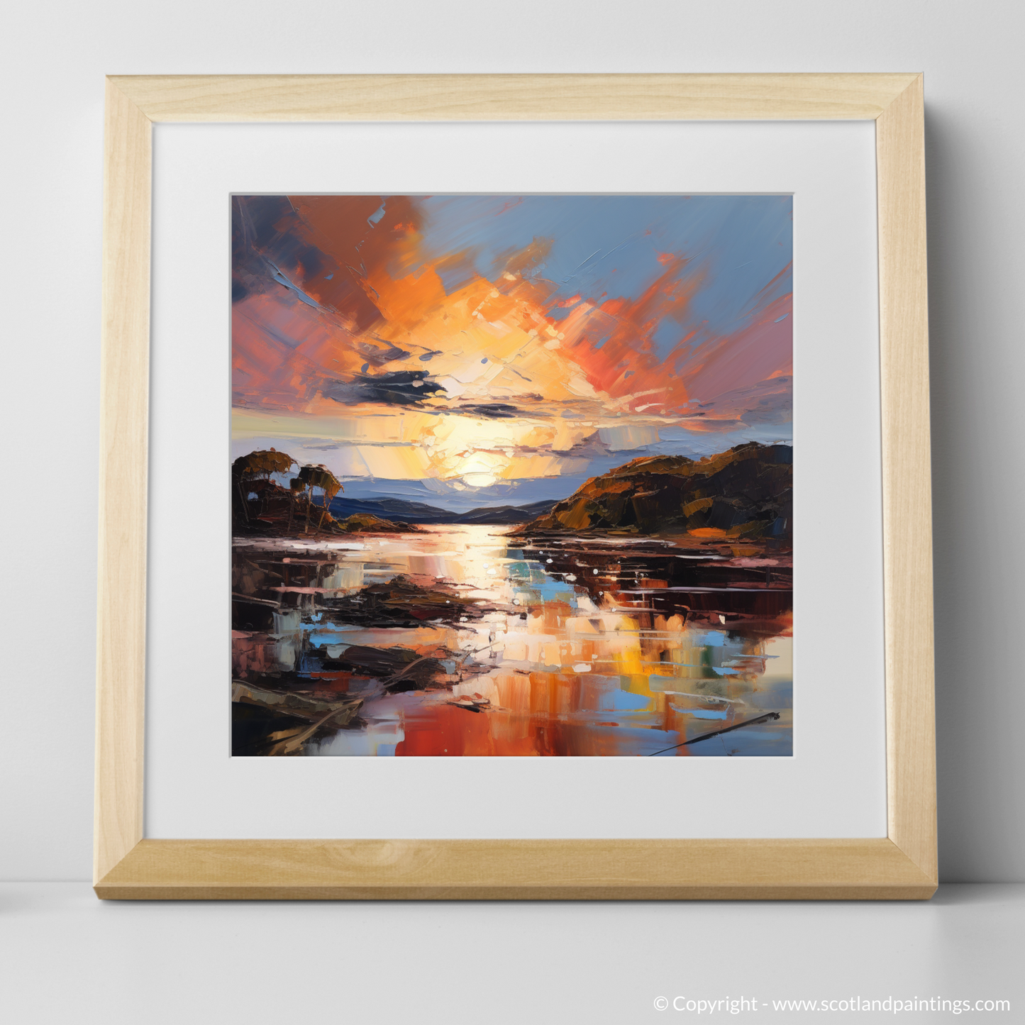 Art Print of Isleornsay Harbour at sunset with a natural frame