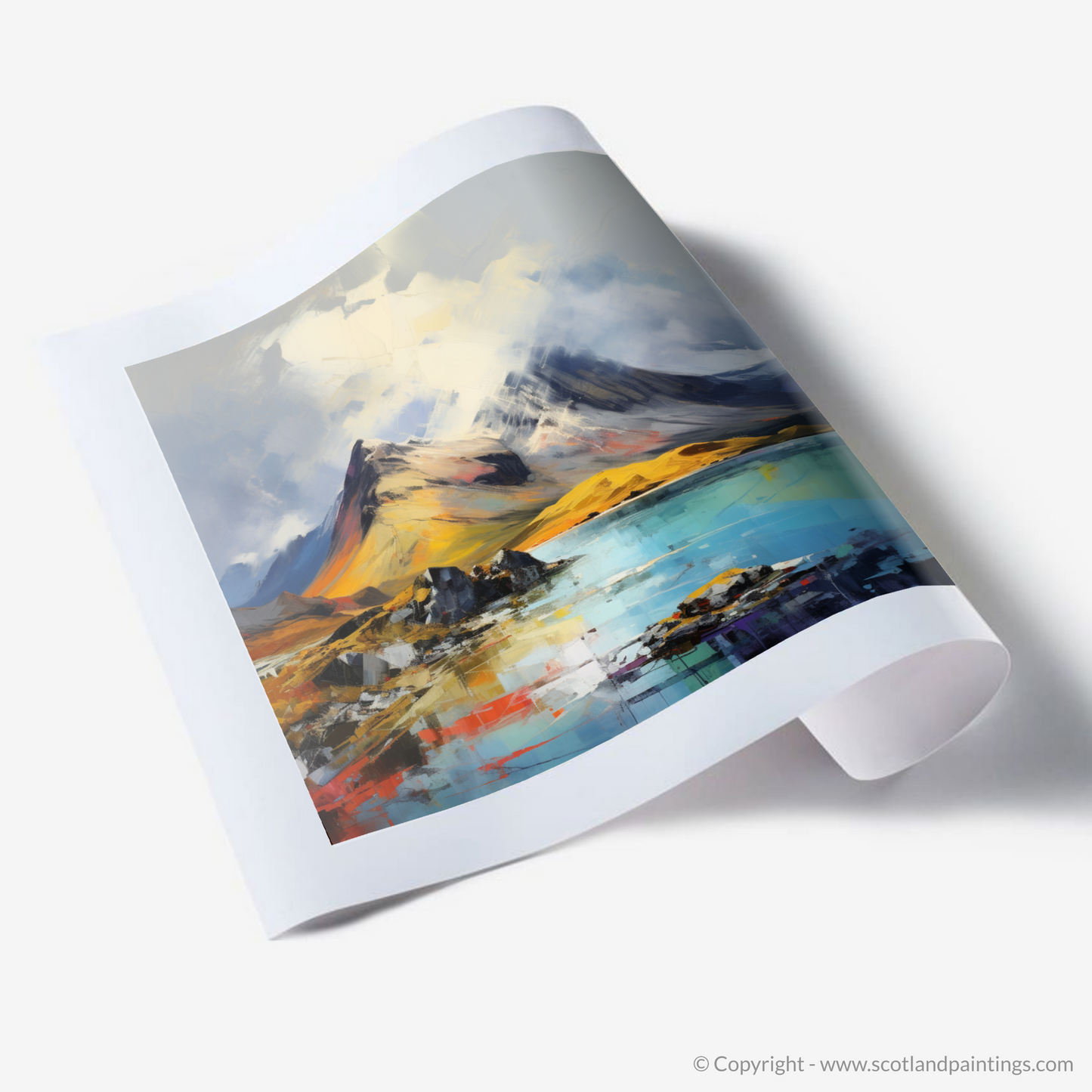 Painting and Art Print of The Cuillin, Isle of Skye. Dancing Light on The Cuillin Peaks.