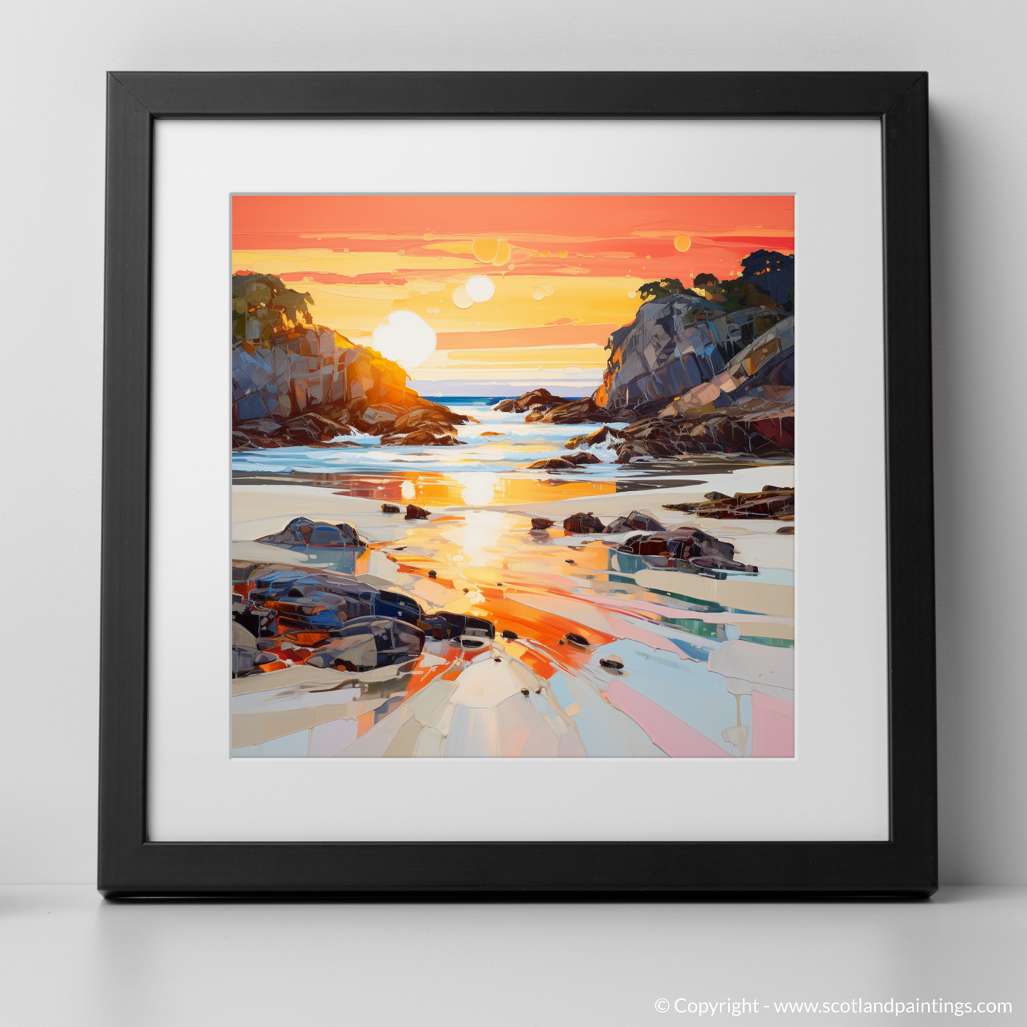 Painting and Art Print of Coral Beach at golden hour. Golden Hour at Coral Beach - An Expressionist Ode to Scotland's Shores.