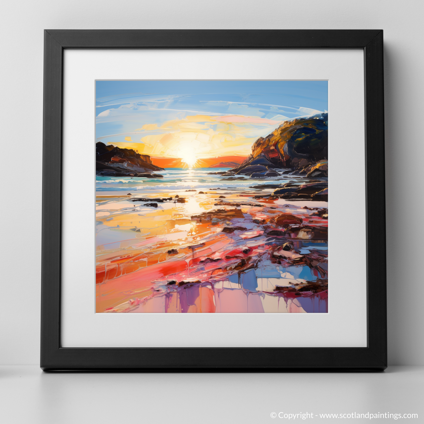 Art Print of Coral Beach at golden hour with a black frame