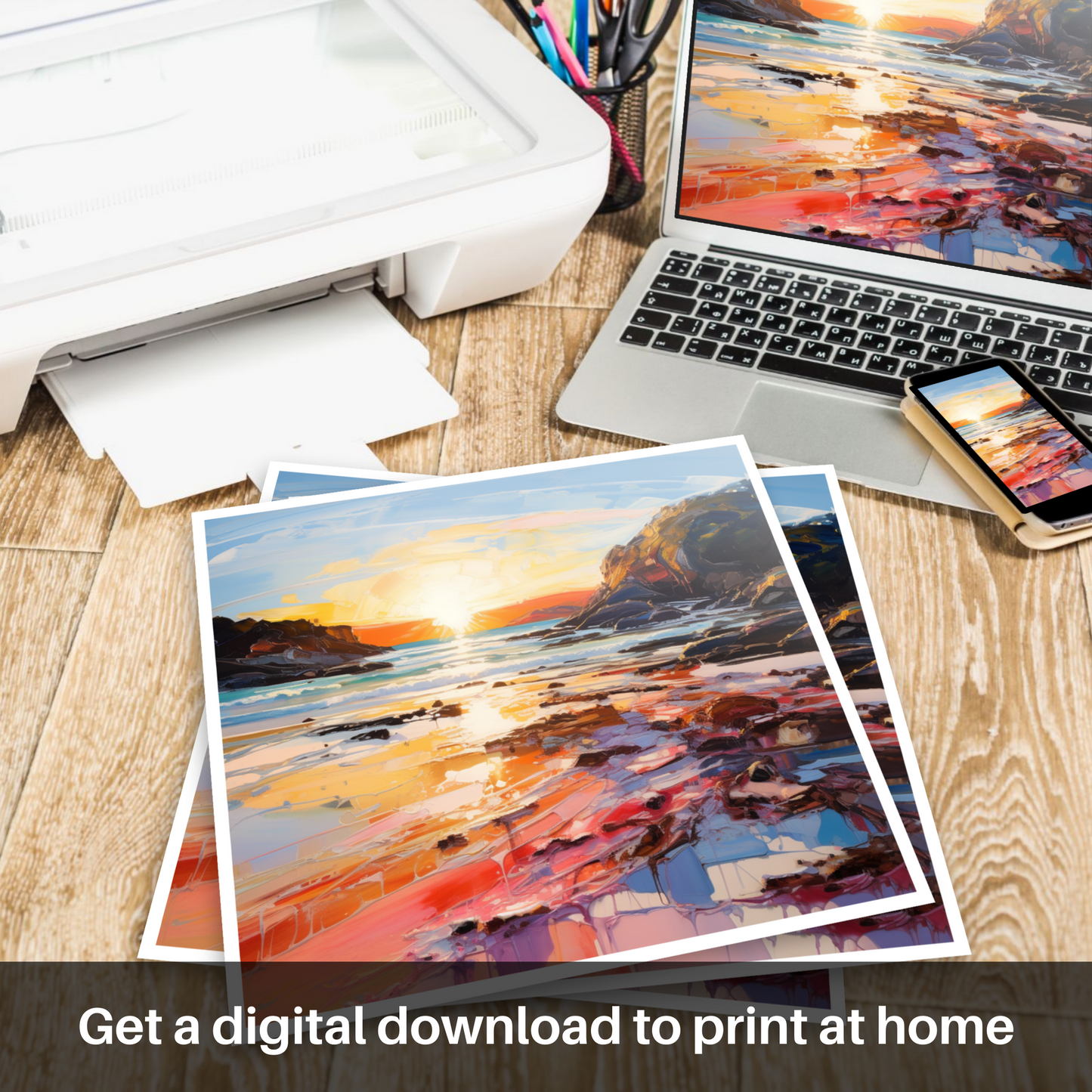 Downloadable and printable picture of Coral Beach at golden hour