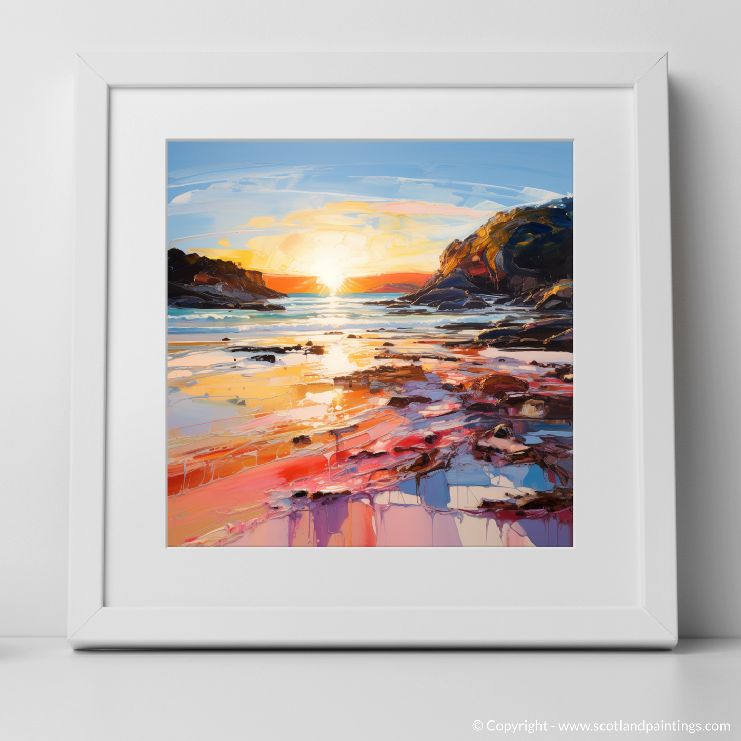 Art Print of Coral Beach at golden hour with a white frame