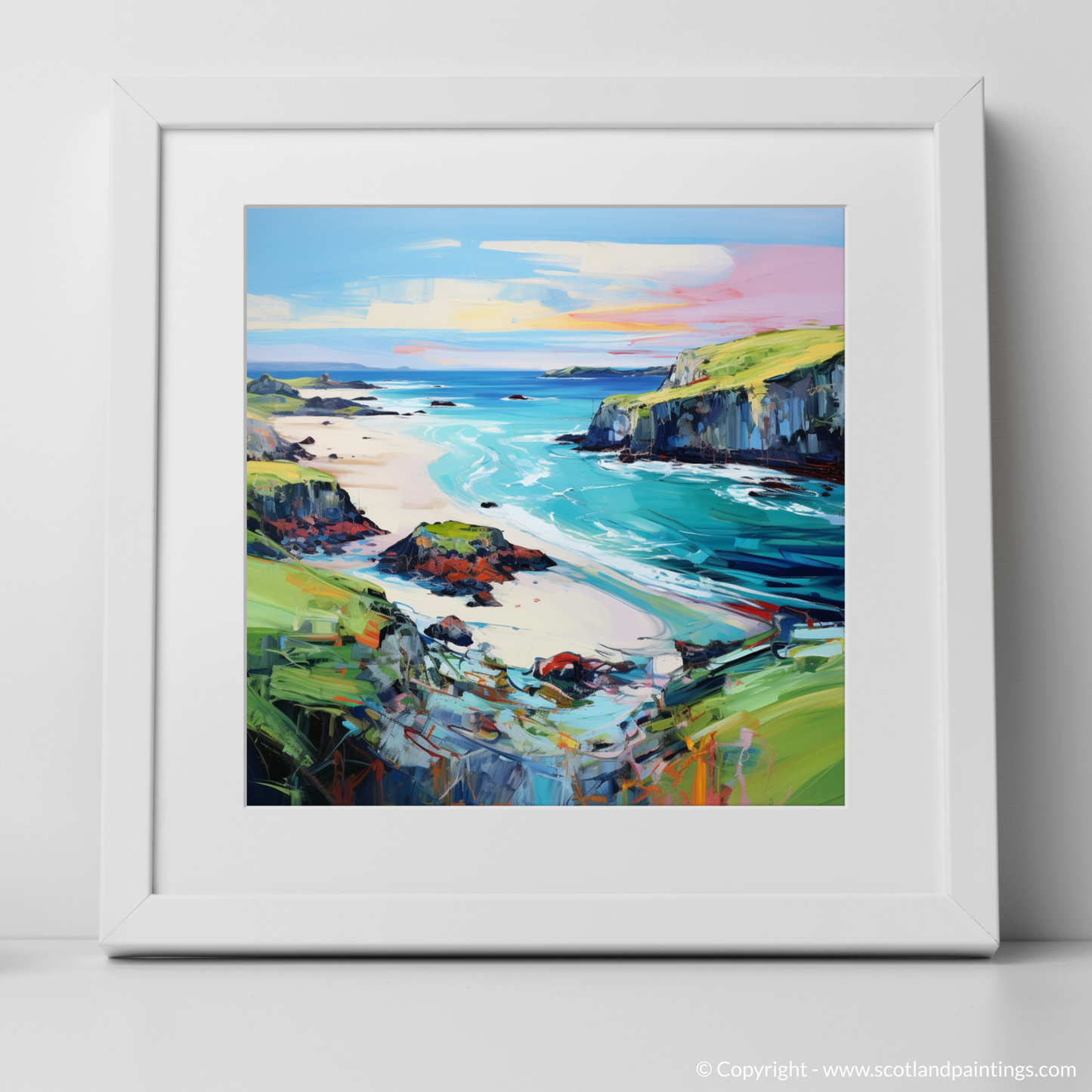Art Print of Kiloran Bay, Isle of Colonsay with a white frame