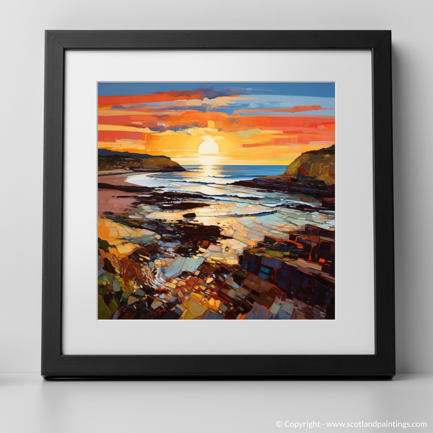 Art Print of Coldingham Bay at golden hour with a black frame