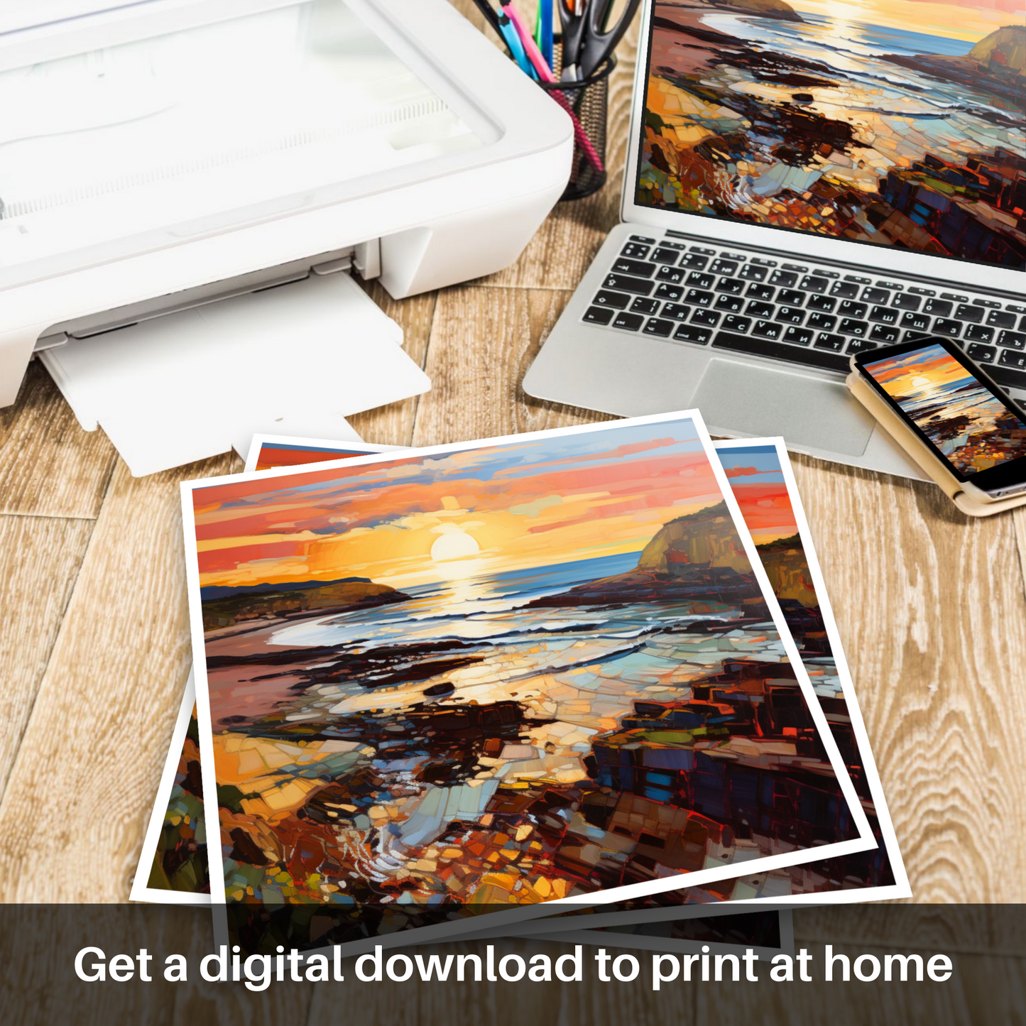 Downloadable and printable picture of Coldingham Bay at golden hour