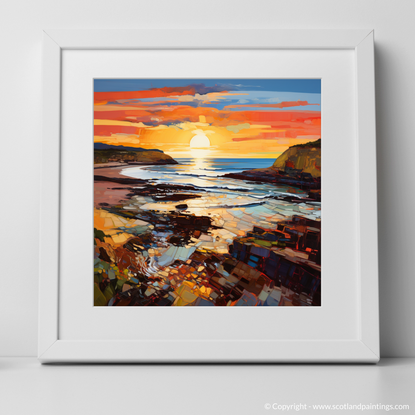 Art Print of Coldingham Bay at golden hour with a white frame