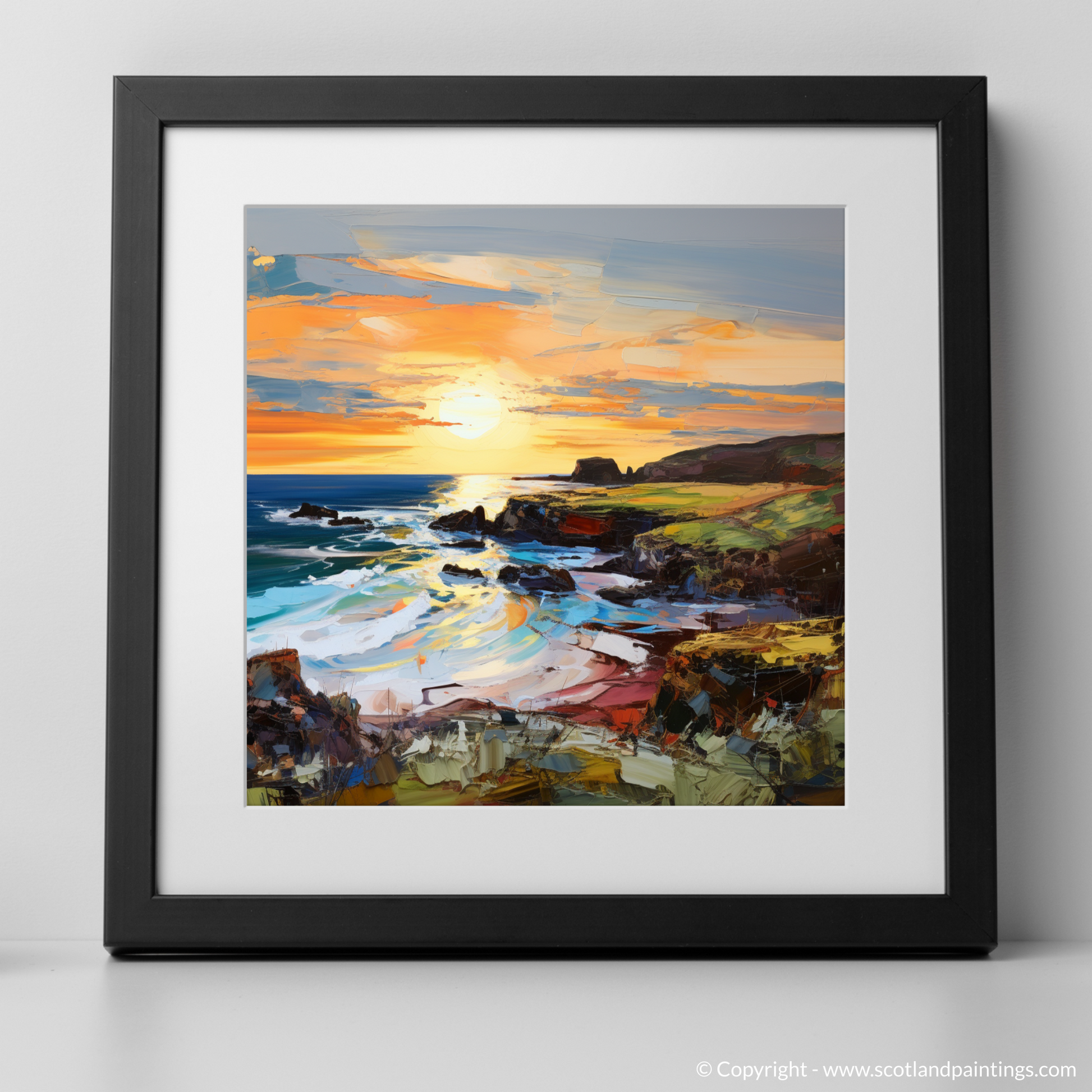 Art Print of Coldingham Bay at golden hour with a black frame