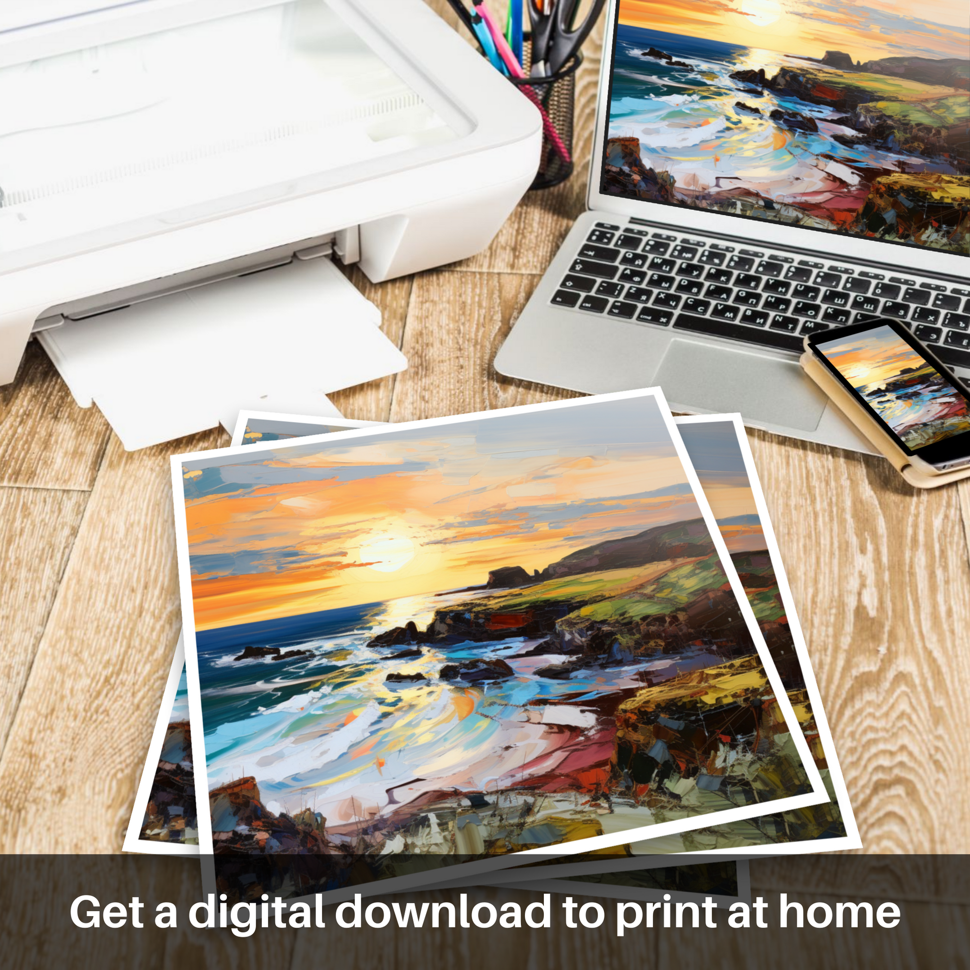 Downloadable and printable picture of Coldingham Bay at golden hour