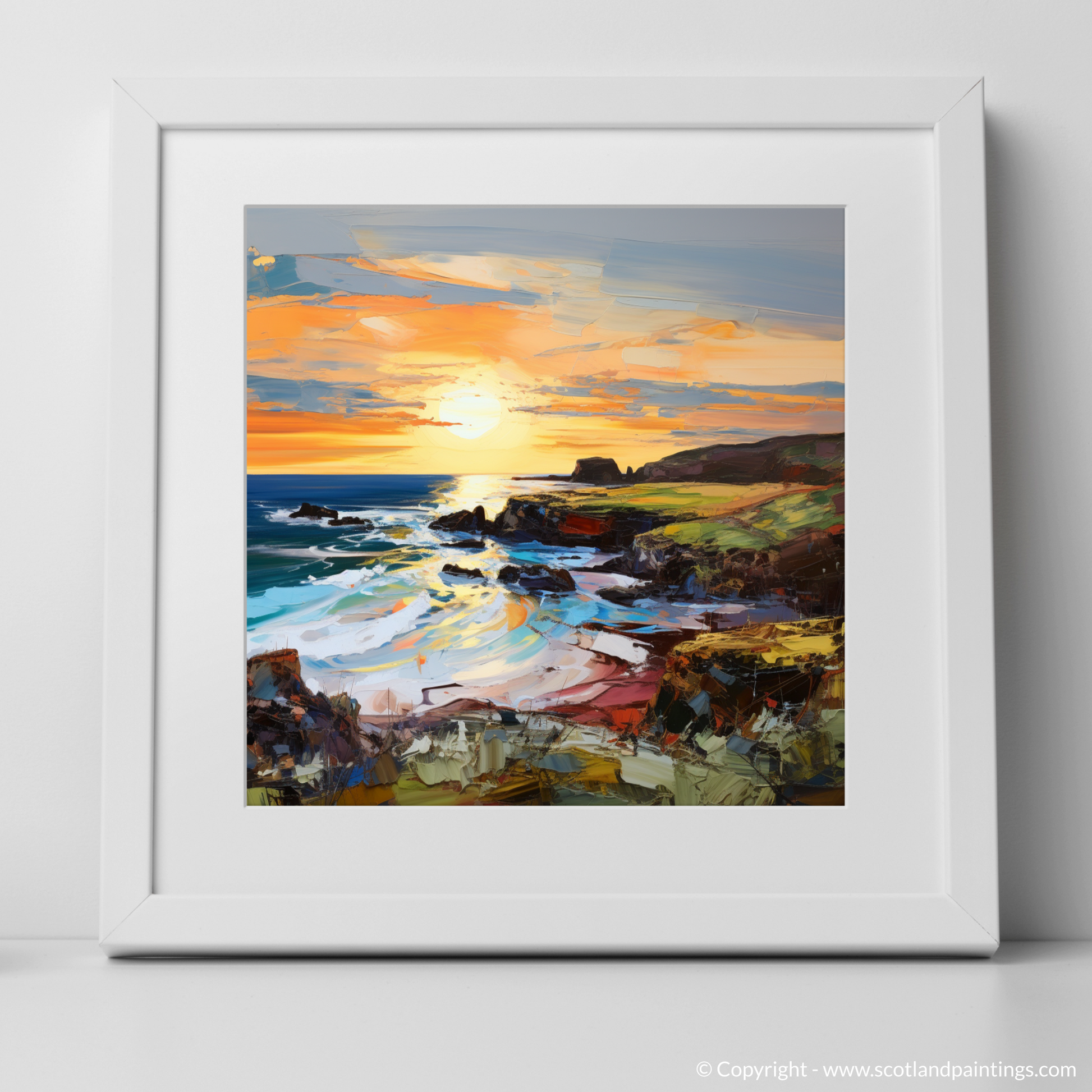 Art Print of Coldingham Bay at golden hour with a white frame