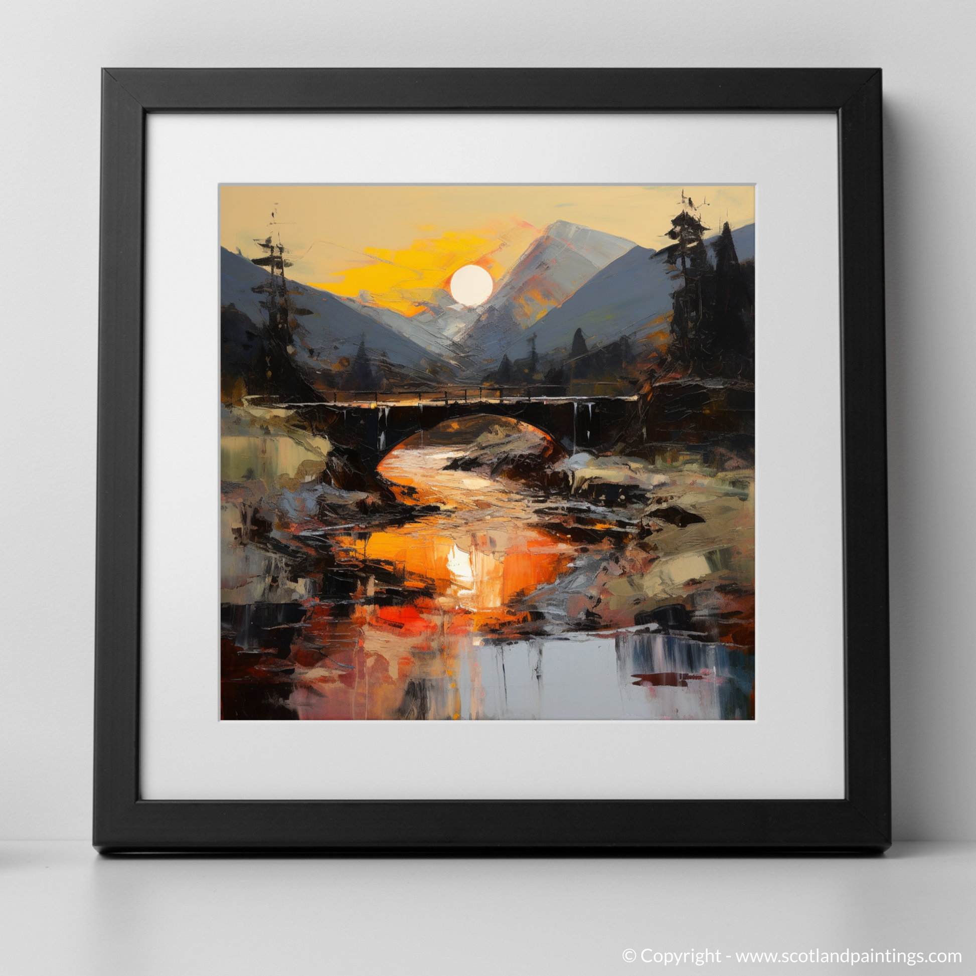 Art Print of Rustic bridge at twilight in Glencoe with a black frame