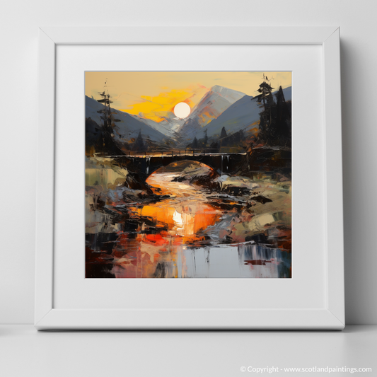 Art Print of Rustic bridge at twilight in Glencoe with a white frame