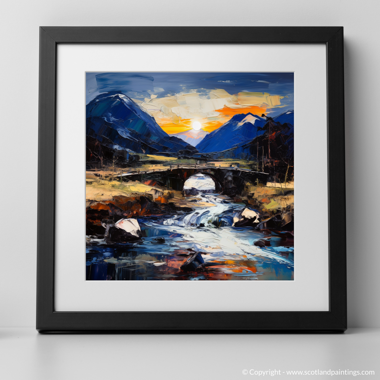 Art Print of Rustic bridge at twilight in Glencoe with a black frame