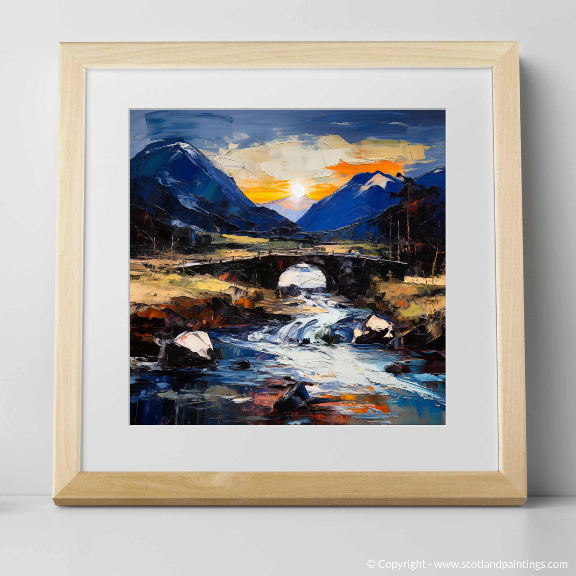 Art Print of Rustic bridge at twilight in Glencoe with a natural frame