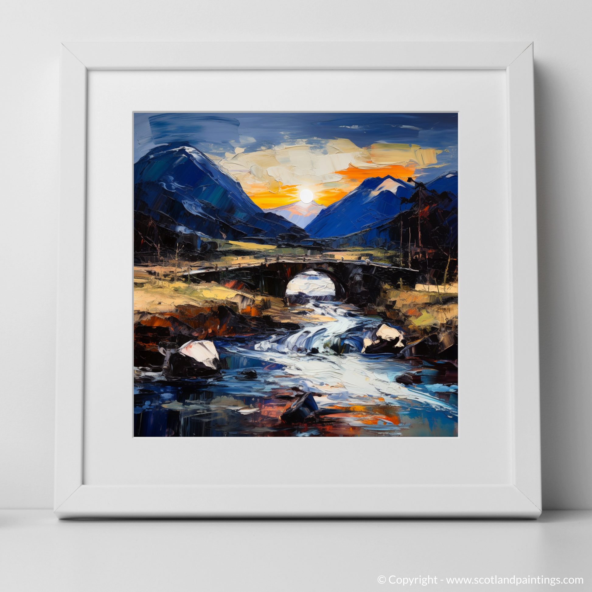 Art Print of Rustic bridge at twilight in Glencoe with a white frame