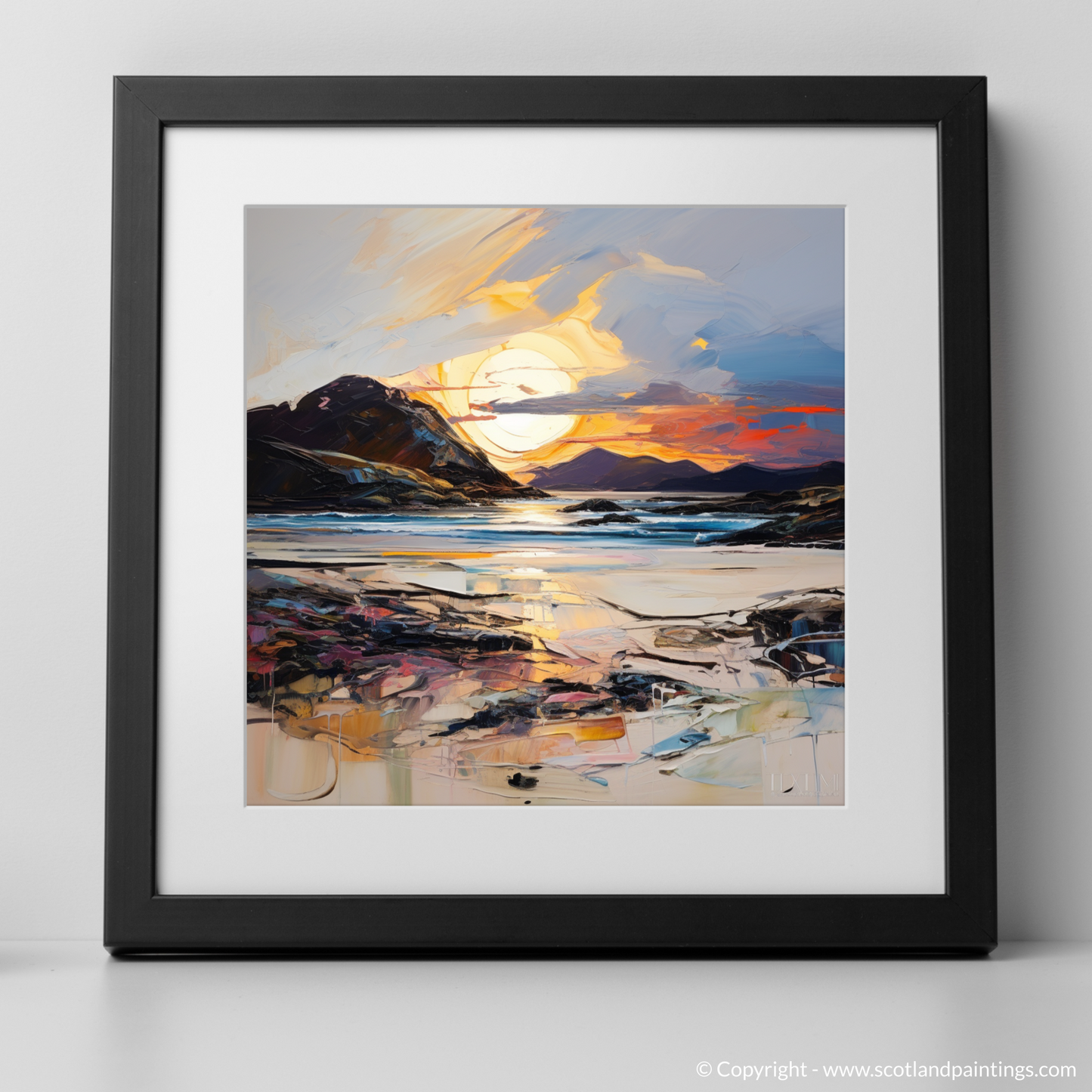 Art Print of Traigh Mhor at sunset with a black frame